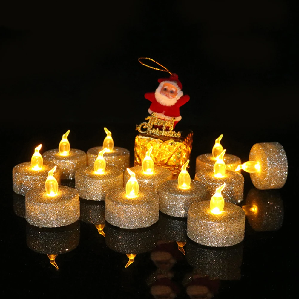 

12pcs Creative Gold Powder Candle Light Christmas Home Party Atmosphere Decor Lighting Flicker Flamel Led Electronic Candle Lamp