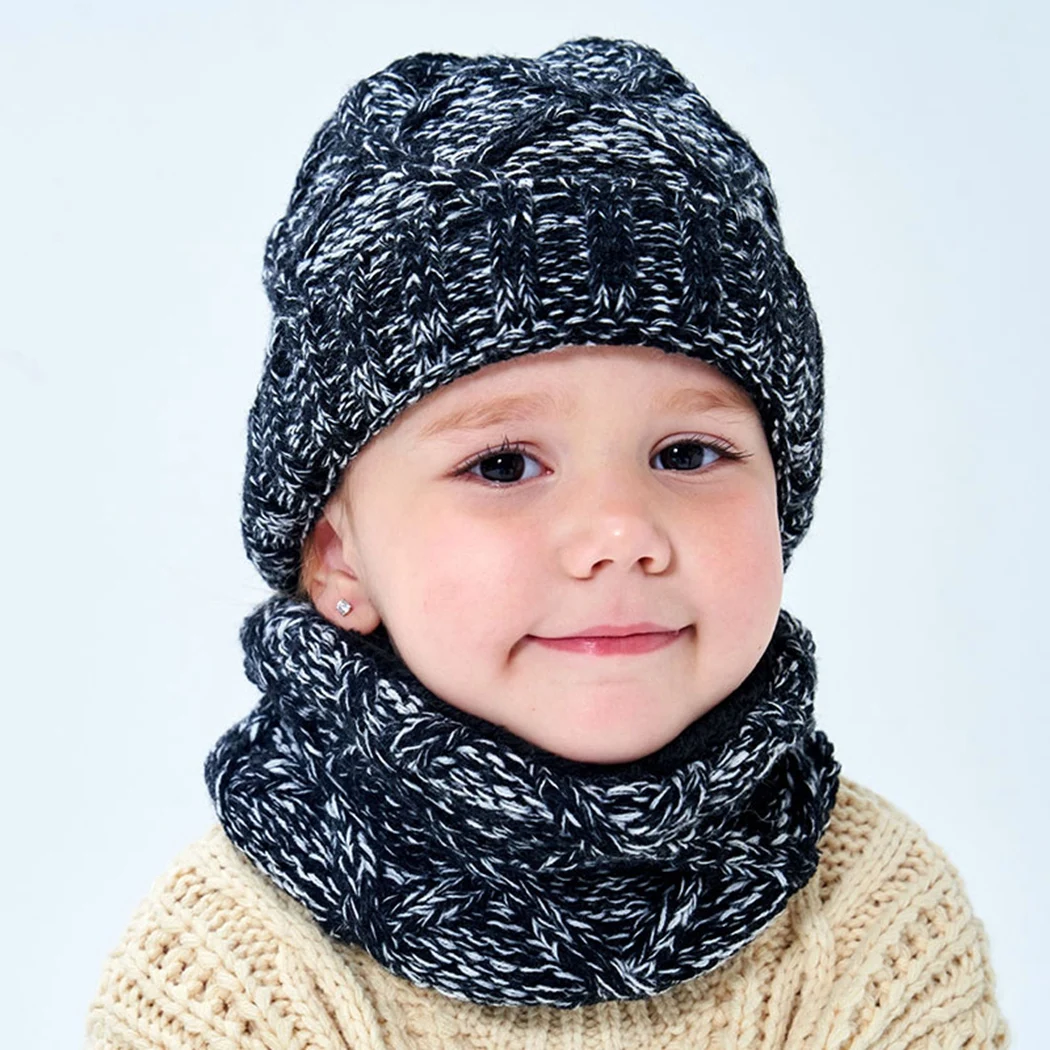 Теплые флисовые Вязанные Трикотажные Шапочки Snood комплект зимняя уличная детская шапка шарф Детские шапки Скалли Лыжные шапки для мальчиков и девочек