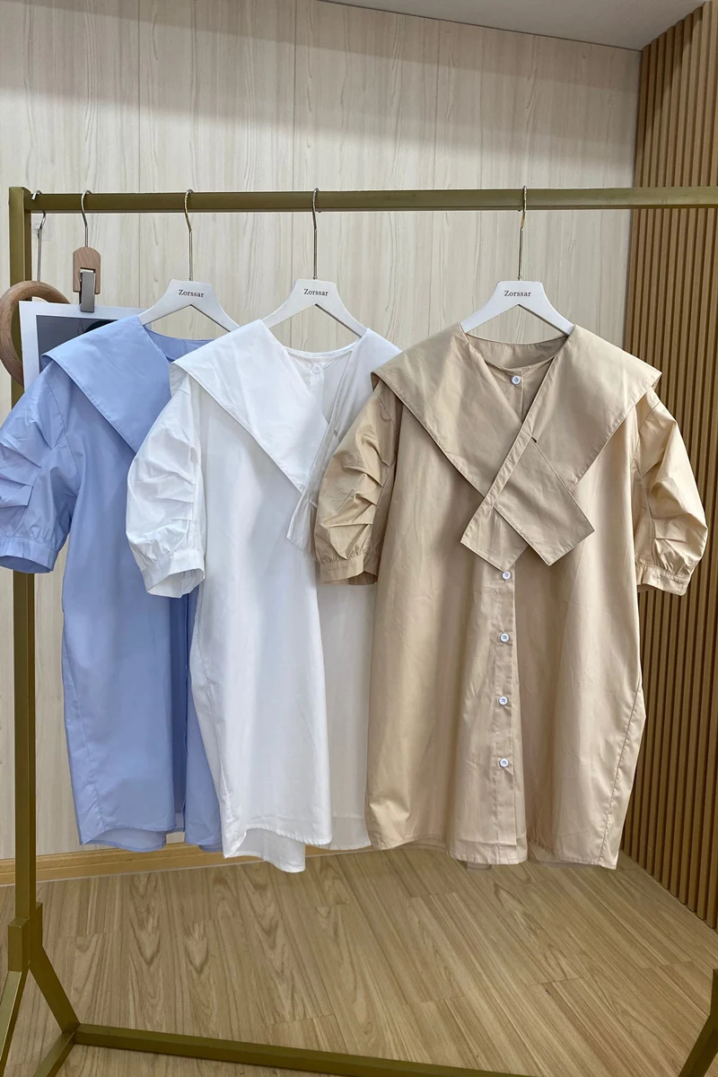 

2021 Summer Pleated Puff Sleeve Sailor Collar Blouses for Women Short Sleeve A Line Cotton Shirt Female Casual Loose Shirt Top