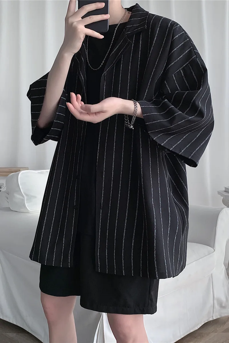 

Striped Short-Sleeved Shirt Men's Summer Thin Loose Japanese Style Ins Trendy Ruffle Handsome Casual Shirt