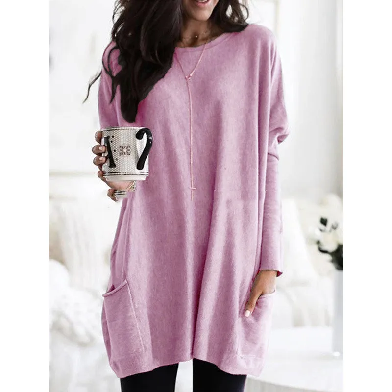 

Long Sleeve O-Neck Pockets Pullovers Elegant Casual Loose Winter Sweatshirt Autumn Ladies Solid Oversized Long Sweatshirt