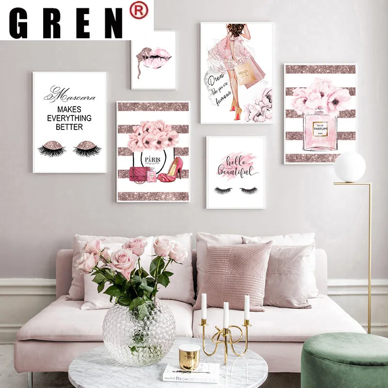 

GREN Modern Home Decoration Pink Flower Perfume Eyelash Lips Heels Fashion Lady Canvas Painting Wall Art Print Poster Picture