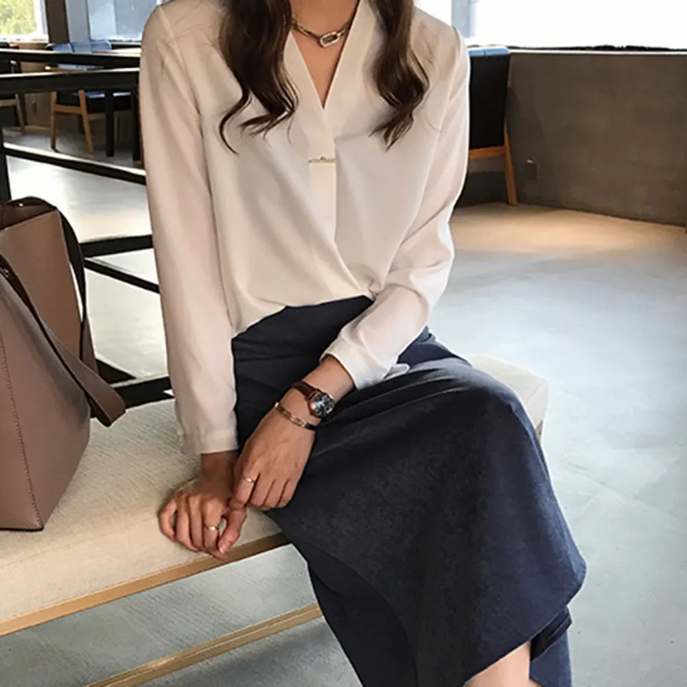 New Fashion Autumn Blouses Women Casual V Neck Shirts Long Sleeves Chiffon Tops Ladies Work Office Shirt 2020 | Женская одежда