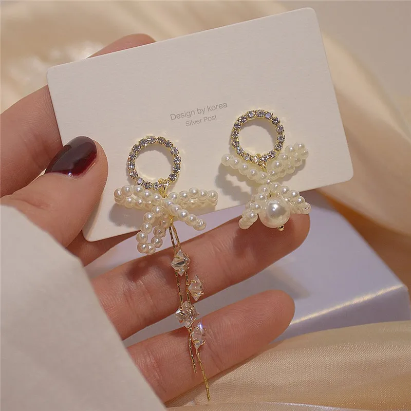 

New Arrive 14K Real Gold Pearl Bow Long Asymmetrical Tassel Stud Earrings for Women Cubic Zircon ZC Earrings