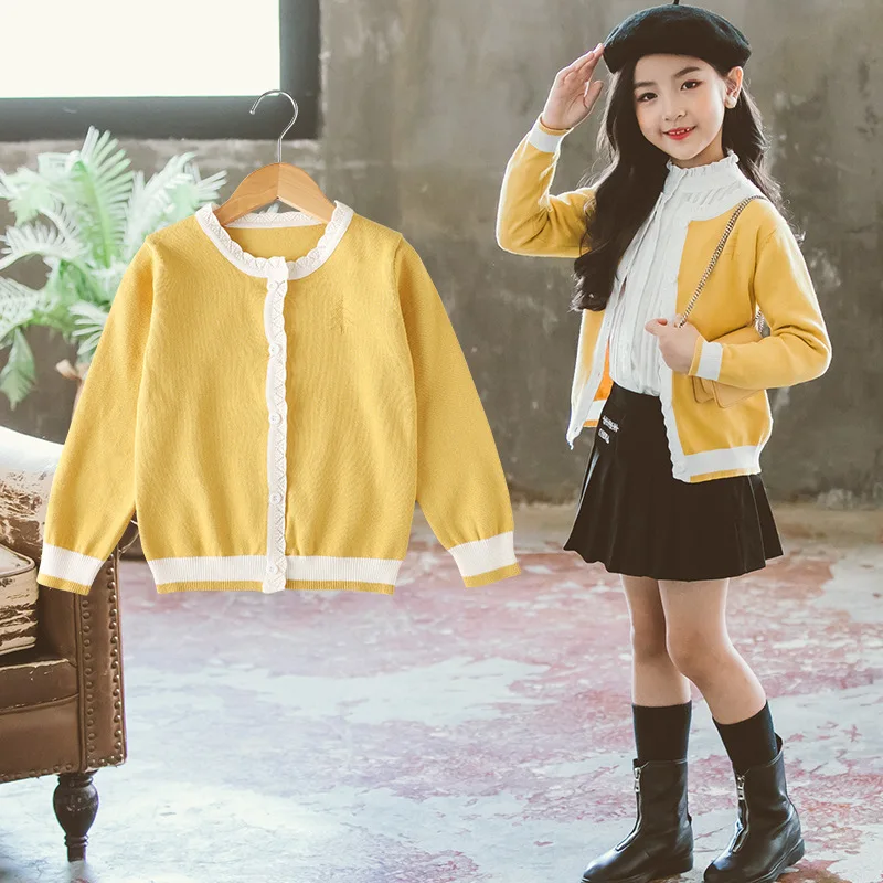 

Girls' knitted cardigan, autumn children's sweater, solid color children's jacket, big kids Korean version