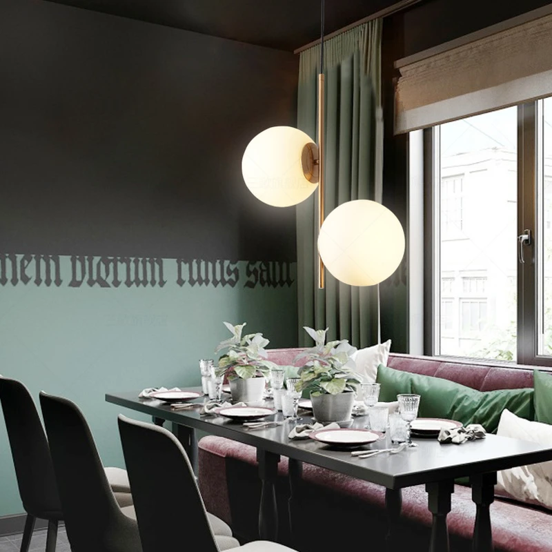 

2019 New Nordic Style Gold Metal Dining Room Pendant Light Double Milky Glass Ball Cafe / Bar / Bedroom Art Light Free Shipping
