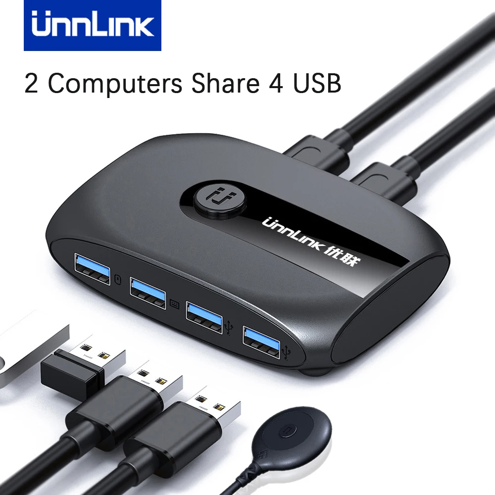 Unnlink USB KVM Switch USB 3.0 2.0 Switcher with Extender 2 Computers Share 4 USB Ports for Keyboard Mouse Printer U Disk