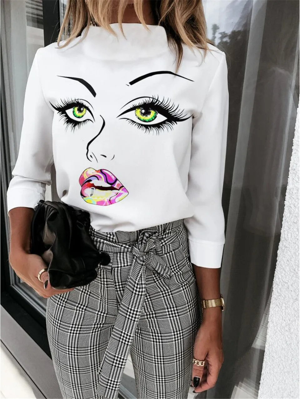 

Fashion Spring Autumn Shirts for Women Stand Collar Long Sleeve Eyelashes Purple/Red Lips Print Slim Pullovers Top Women Blouses
