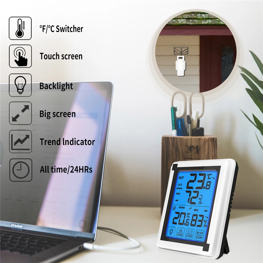 

LCD Touch Screen Wireless Thermometer Digital Hygrometer Thermometer Outdoor Sensor Humidity Monitor For Home Office Baby Room