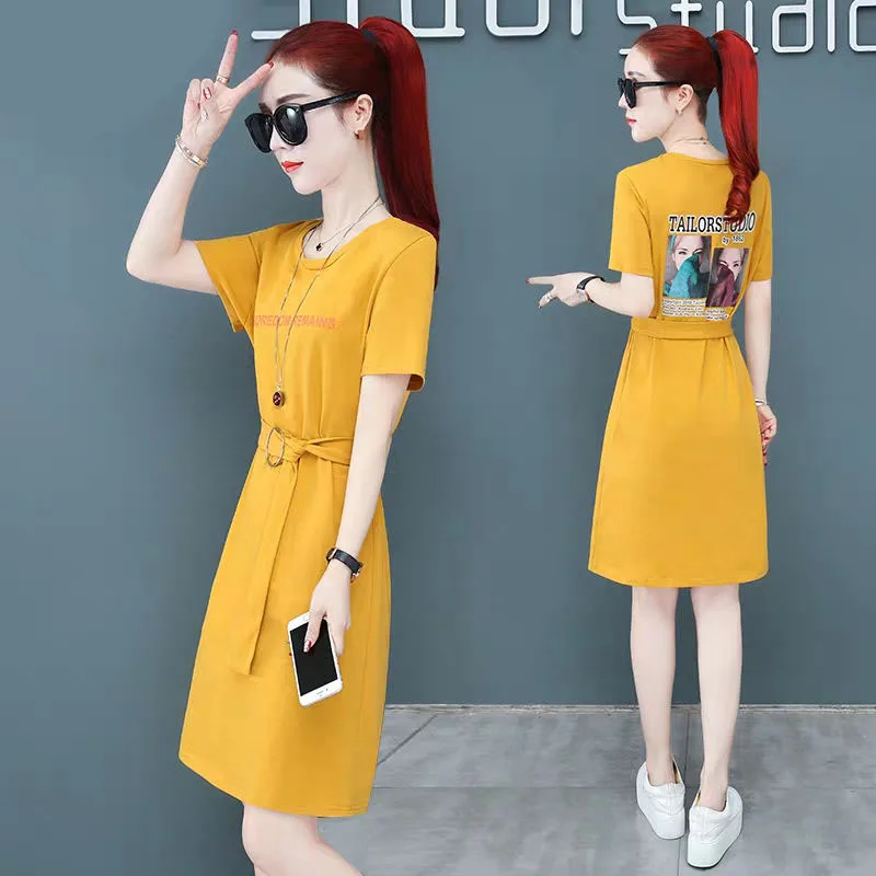 

Women Letter Slim Dress Lady Short sleeve Knee-length A-line Dress Female Elegant O-neck Sashes Thin Waist Dress AA268