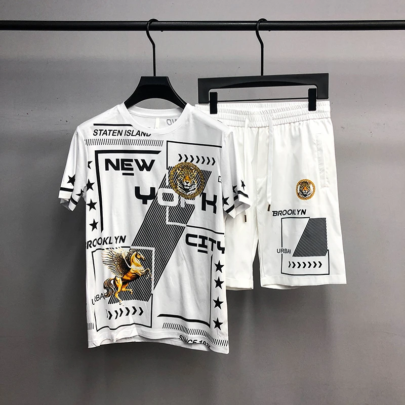 

Men's suit 2021 fashion personality letter animal digital printing summer new short sleeve shorts two piece set fashion