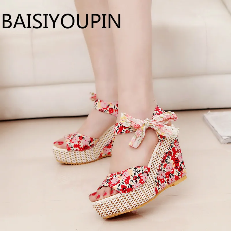 2019 г. Летние женские сандалии на платформе и высоком каблуке в богемном стиле