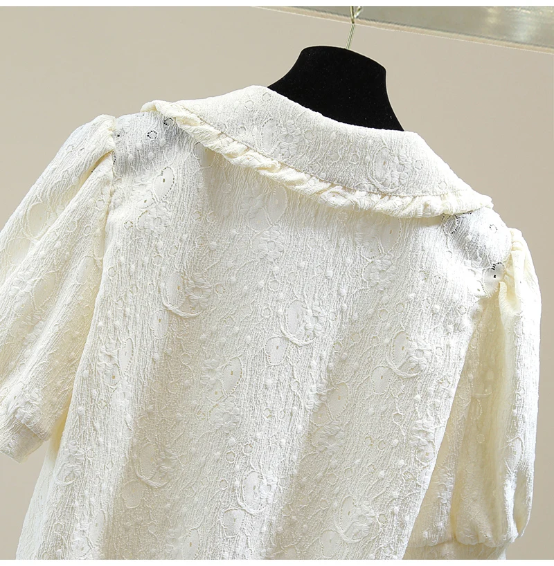 

Camisas Mujer Beaded Short Hollow-out Multi-Button Lace Shirt 2021 Summer Tops Slim High Waist Solid Color Short Sleeve Blouse