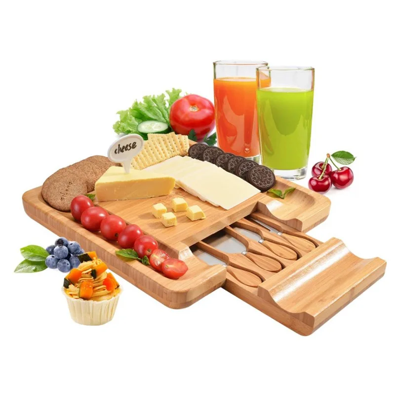 

Wooden cheese cutting board with drawer knife fork kitchen board multifunctional table board cutting board fruit chop board