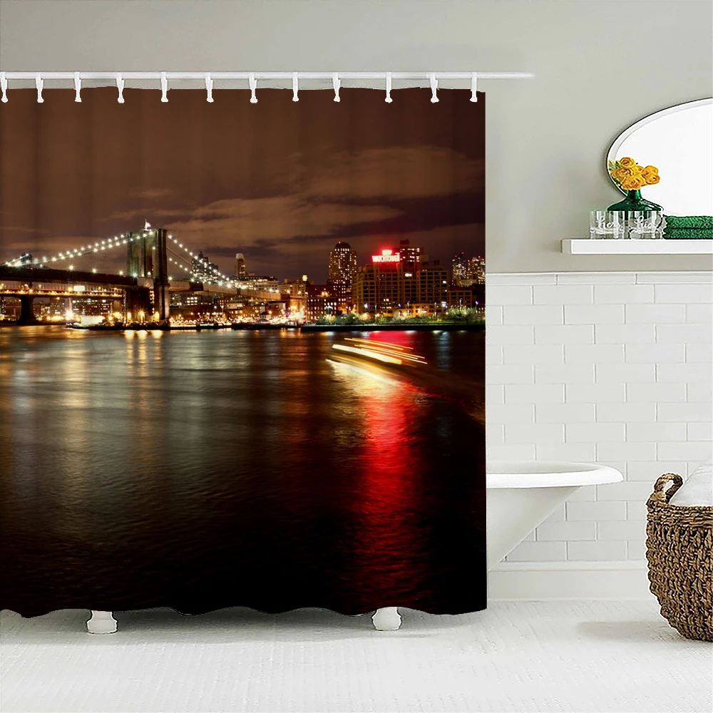 

New York London Bridge Shower Curtain Printed Waterproof Fabric Polyester City Scenery Night View Bath Curtain Bathroom Decor