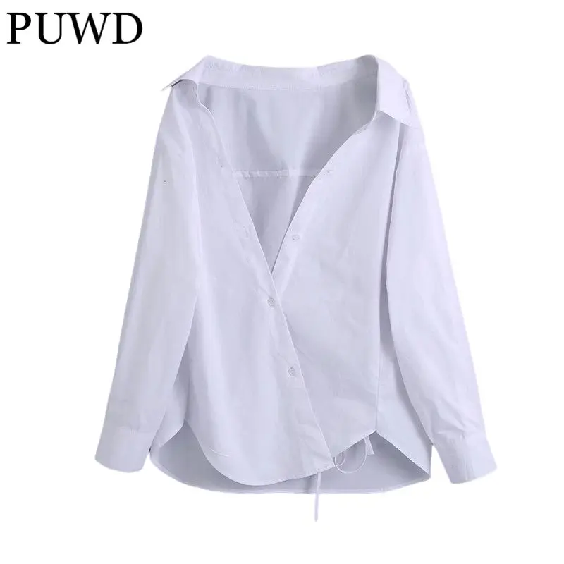 

PUWD Oversize Women V Neck Blouse 2021 Autumn Fashion Ladies High Street Casual Loose Shirt Female Solid Color Shirt Top