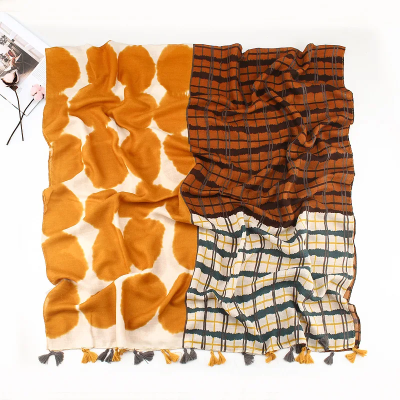 

New Fashion Plaid Dot Patchwork Tassel Viscose Scarf Lady Autumn Shawls and Wraps Pashmina Hijab Bufandas Muslim Sjaal 180*90Cm