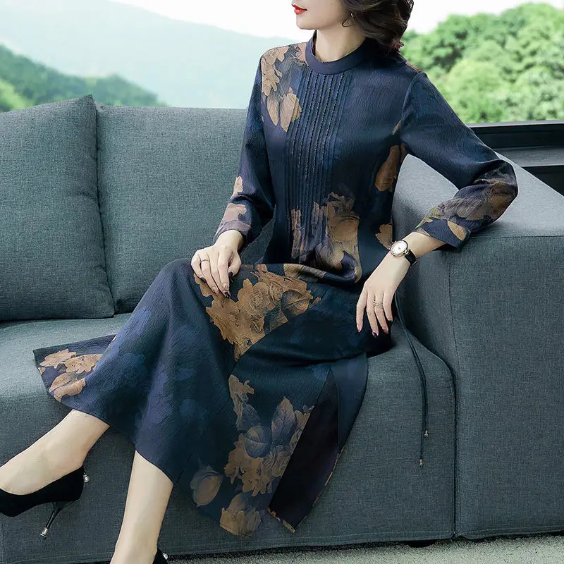 

Vintage Dresses For Women With Sleeves 2020 Fashion Autumn Printing Floral Drape Spliced Elegant Split Long Party Dress K955