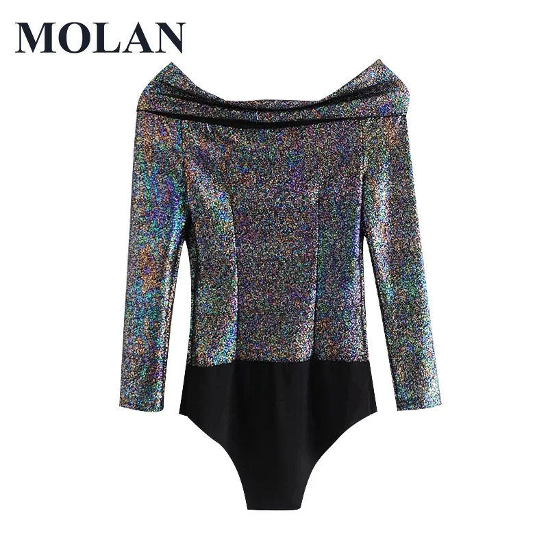 

MOLAN Women Bodysuits Sexy Fashion Snap-button Shiny Sequin Vintage Slash Neck Long Sleeve Female High Quality Playsuits Mujer