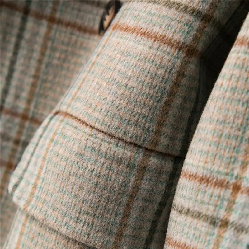 

2021 New Fashion Women Plaid Coat Japanese Style Spring Wool Double Breasted Lapel Jacket Fleece Lining Coat