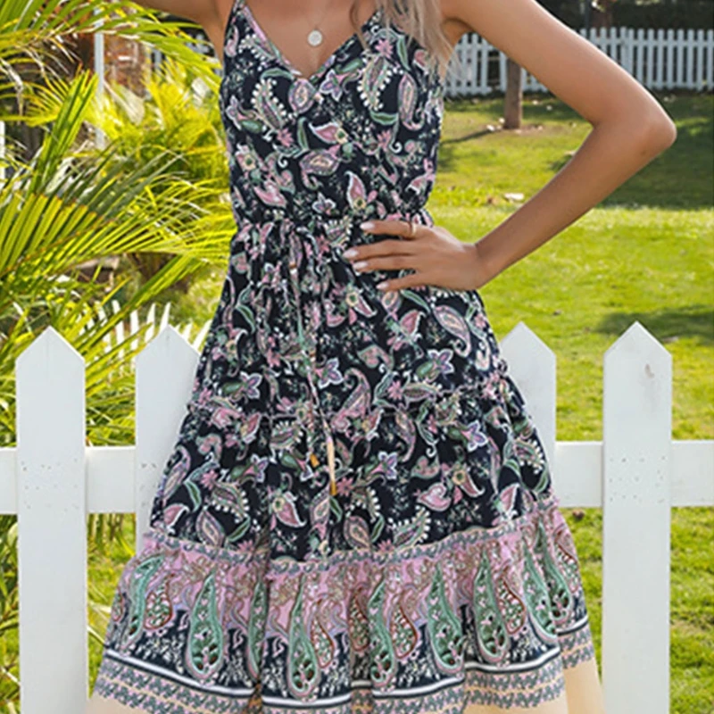 

2021 Summer New Women Print Sling Dresses Lady A-line Dress V-neck Sleeveless Dress Leisure Chiffon Skirts