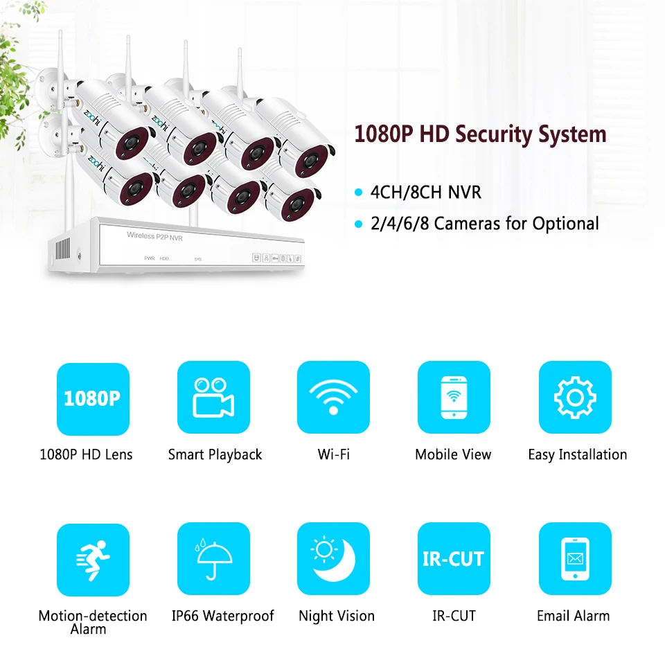 Комплект беспроводной системы видеонаблюдения Zoohi 1080 P 2MP HD wifi камера домашняя камера безопасности система ночного видения комплект видеонаблюдения