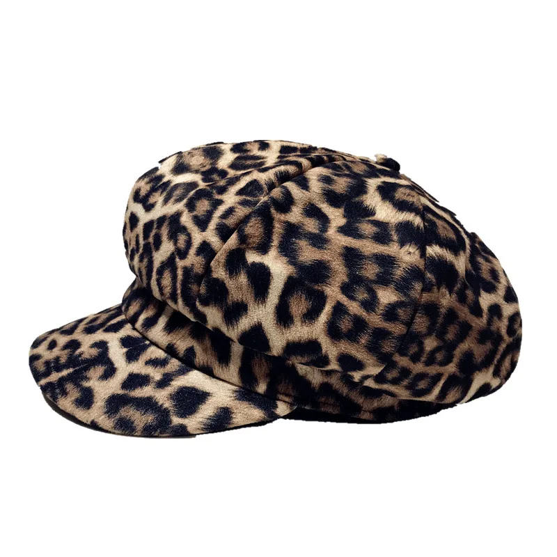 Women Leopard Print Beret hat Winter Warm Painter cap Retro British Style Octagonal Navy Hat Outdoor Newsboy cap