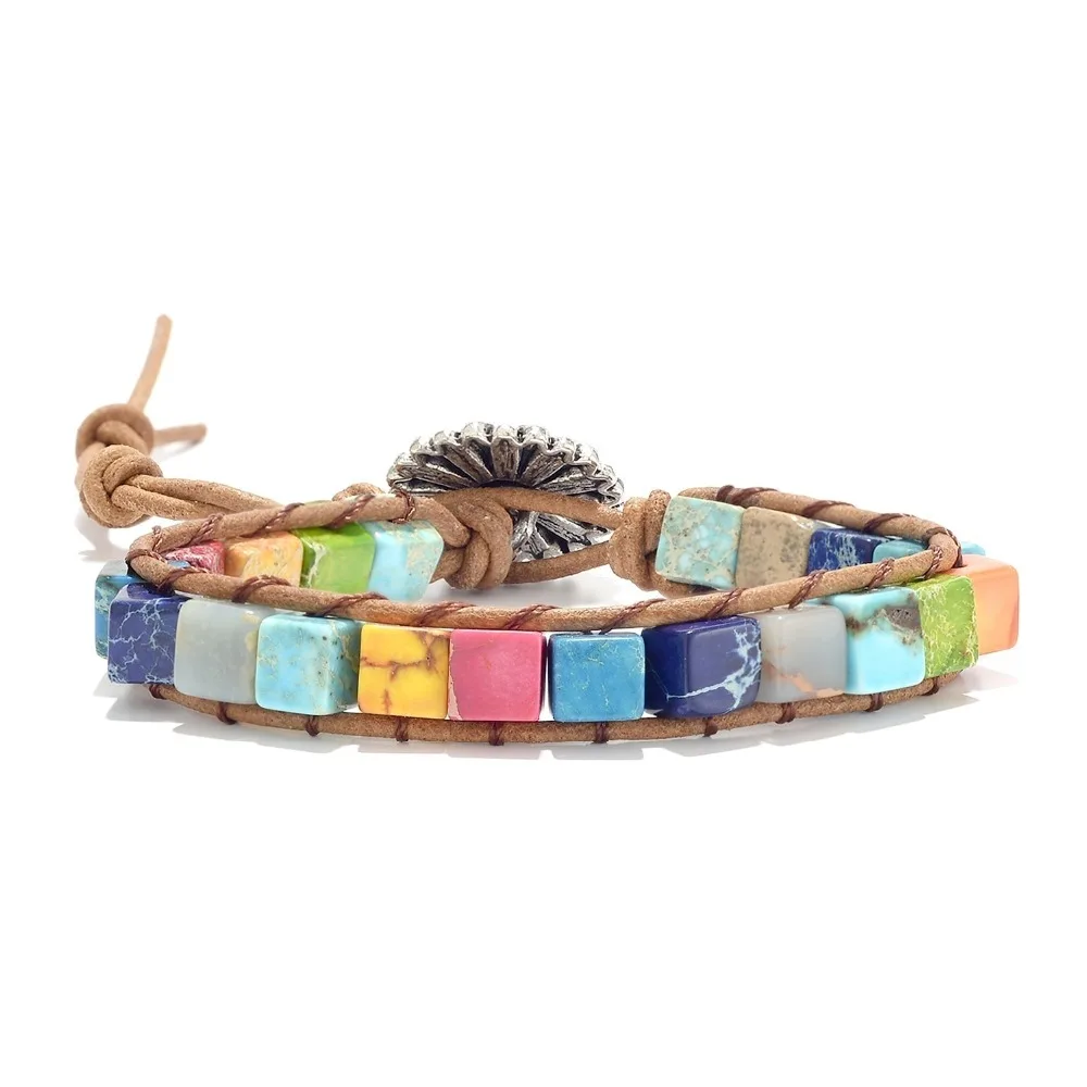 Женский кожаный браслет с 7 чакрами богемный Браслет из натурального целебного