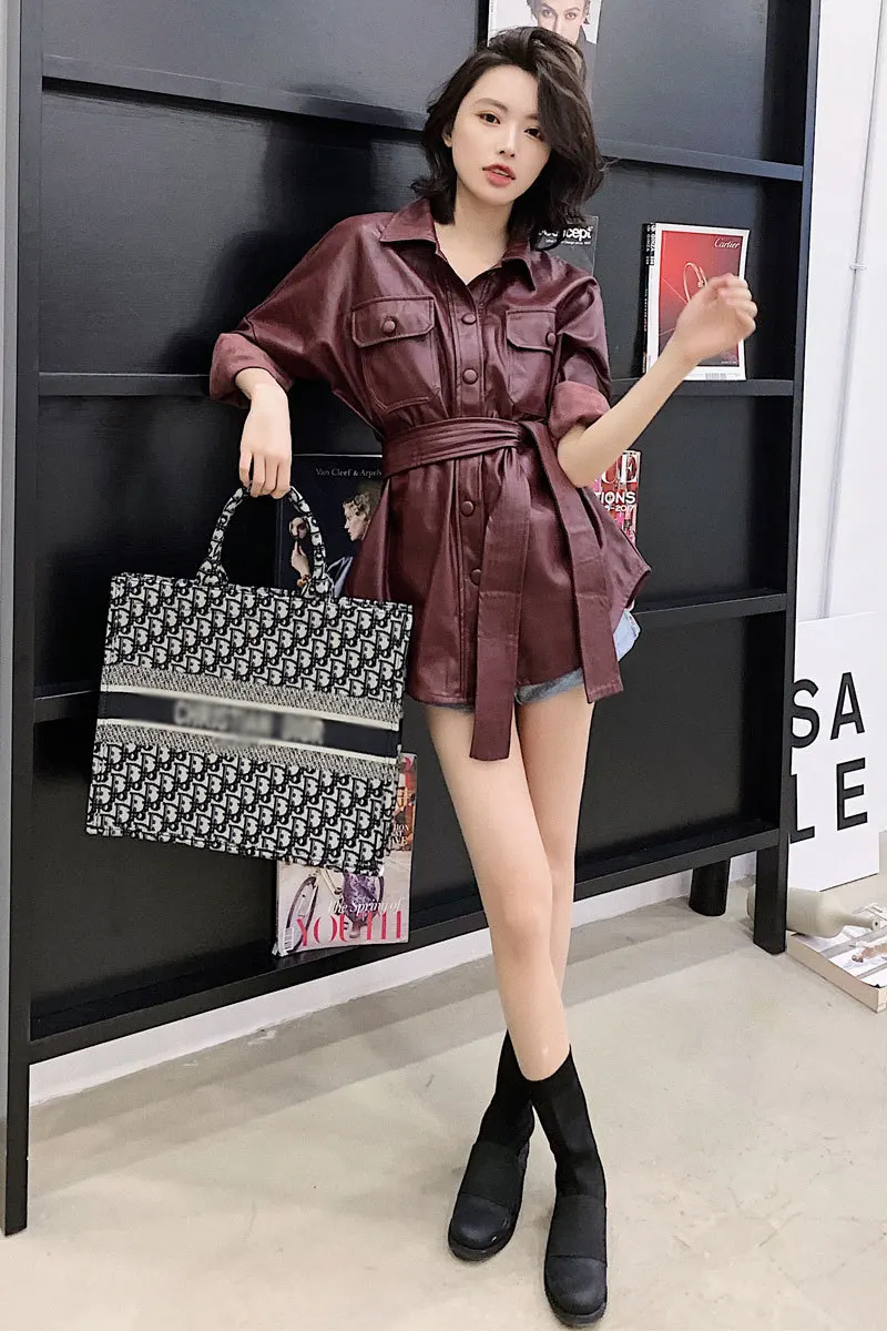 

Faux Fashion Slim PU Jackets Coats Women Elegant Vintage Long Sleeve Spring Autumn Office Ladies Black Burgundy Outwear Female
