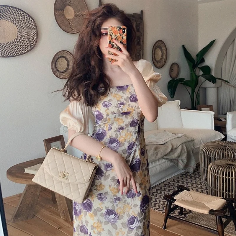 

Puff Sleeve Floral Dress Summer Women Slim Waist Short Sleeve Cottagecore Dresses 2021 New Sweet Square Collar Cute Streetwear