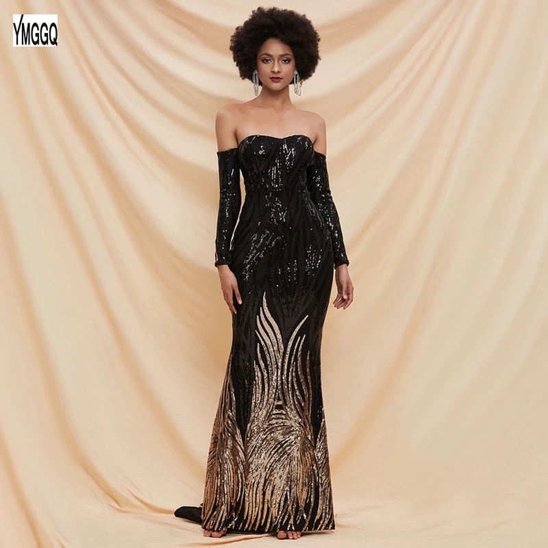 

New Summer 2021 Sexy Women Long Evening Party Dresses Maxi Sequin Off Shoulder Bodycon Long Prom Midi Dress Mermaid Dress Black