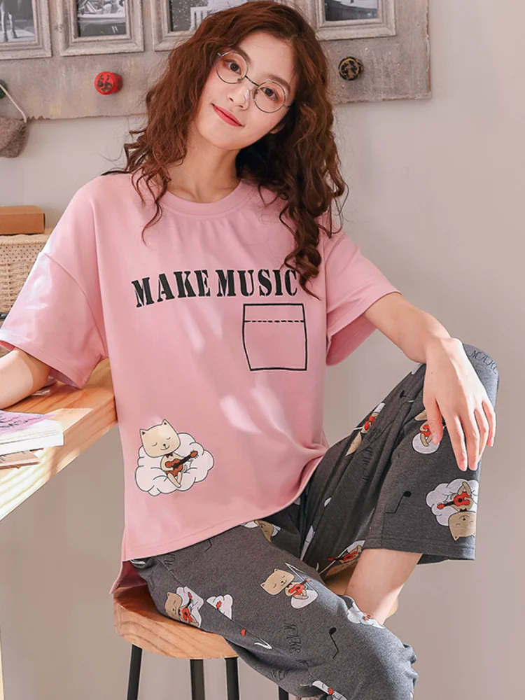 

Пижамные комплекты FAKUNTN, женская Свободная Повседневная Пижама с коротким рукавом и круглым вырезом, в стиле пэчворк, с мультяшным принтом, ...