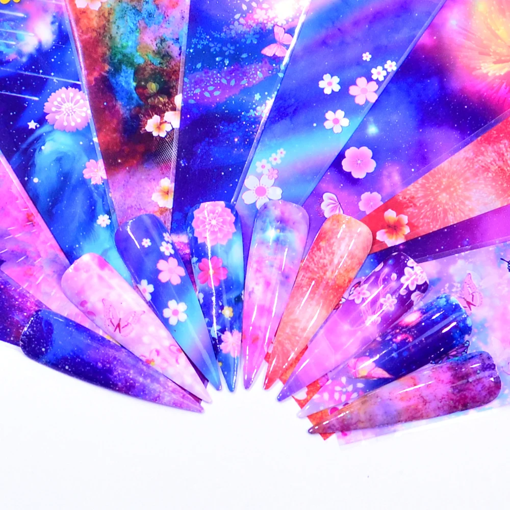 

10 PCS Nail Foils Mix Flower Nail Art Sticker Holographic Starry Paper Foil Nail Gel Transfer Full Wrap Decorations
