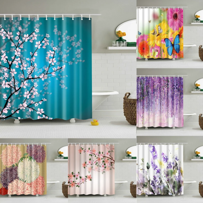 

3D Flower Plum Blossom Lotus Lavender Rose Shower Curtains Bathroom Curtain Frabic Waterproof Polyester Bath Curtain with Hooks