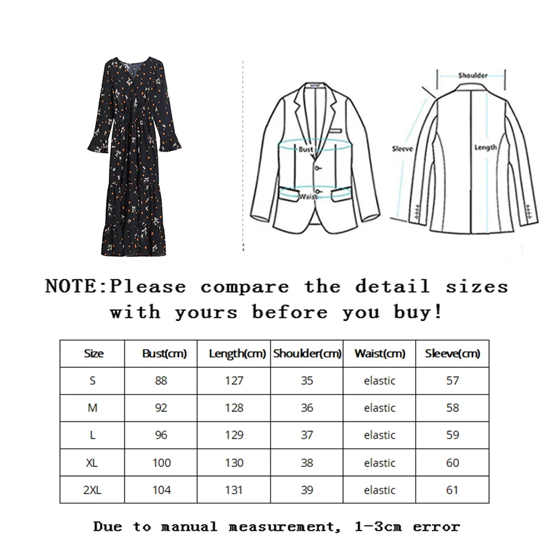 

Sllsky Spring Floral Print chiffon dress Long flare sleeve High elastic waist V-neck Mid-calf dress Slim Feminine Fashion dress