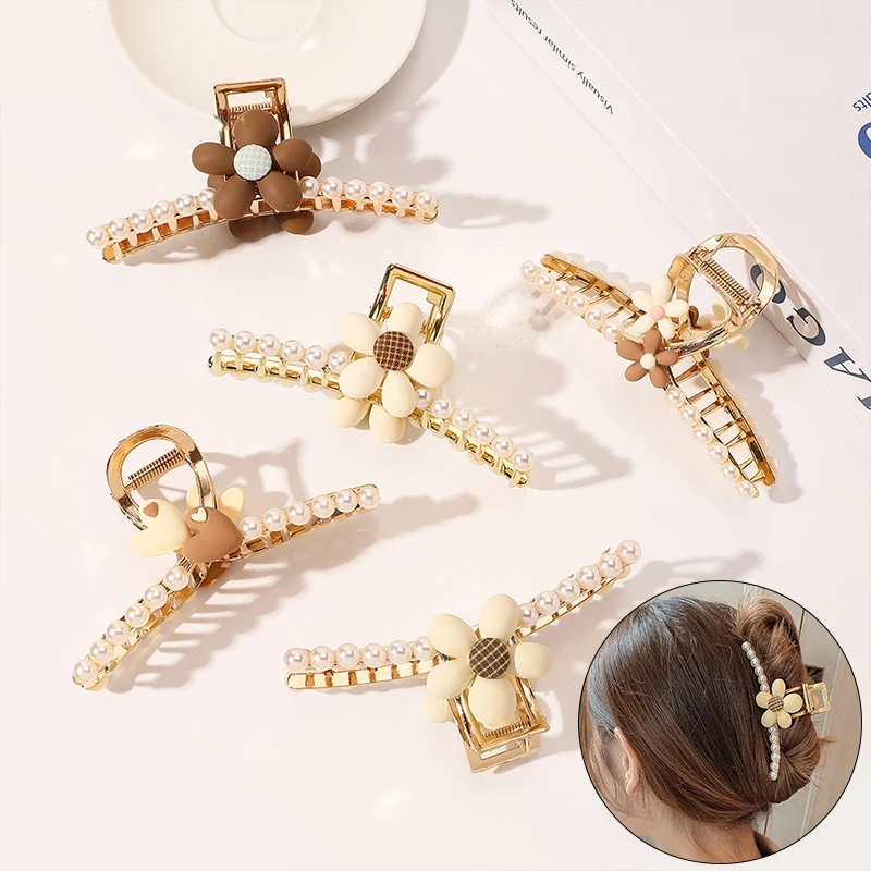 

Заколки для волос с милыми цветами для женщин и девушек, заколки-крабы с жемчугом в Корейском стиле, аксессуары для волос, подарок