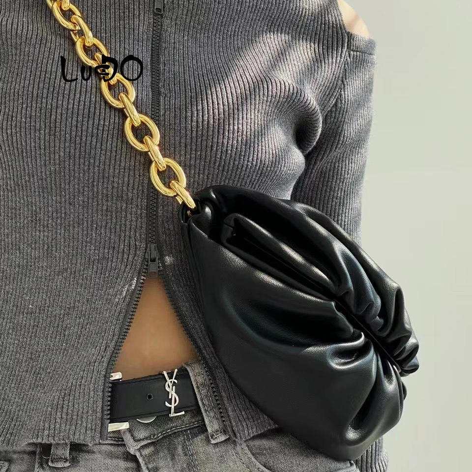 

2021 Fashion Style Women Chest Bag Brand Designer Crossbody Thick Chains Pouch Handbag Cowhide Leather Dumpling Shoulder Bags