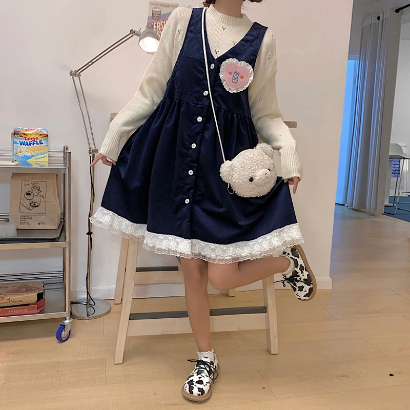 

Japanese Sweety Soft Girly Preppy Style Sweetheart Mini Dress Vintage Kawaii V-Neck Lace Cute Sleeveless A-Line Camisole Dresses