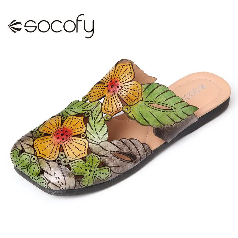 

SOCOFY Womens Bohemia Leather Shoes Retro Style Floral Leaves Splicing Square Toe Flat Slippers Outdoor Beach Mules Shoes 2020