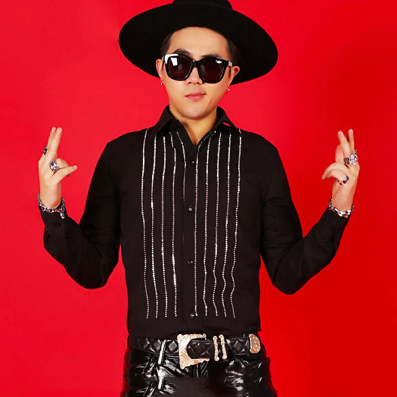 

2019 NEW Men Slim Shirts Male Nightclub Bar DJ Male Singer Bright Silver Diamond Black Shirt Costume Costumes Clothing DT1155