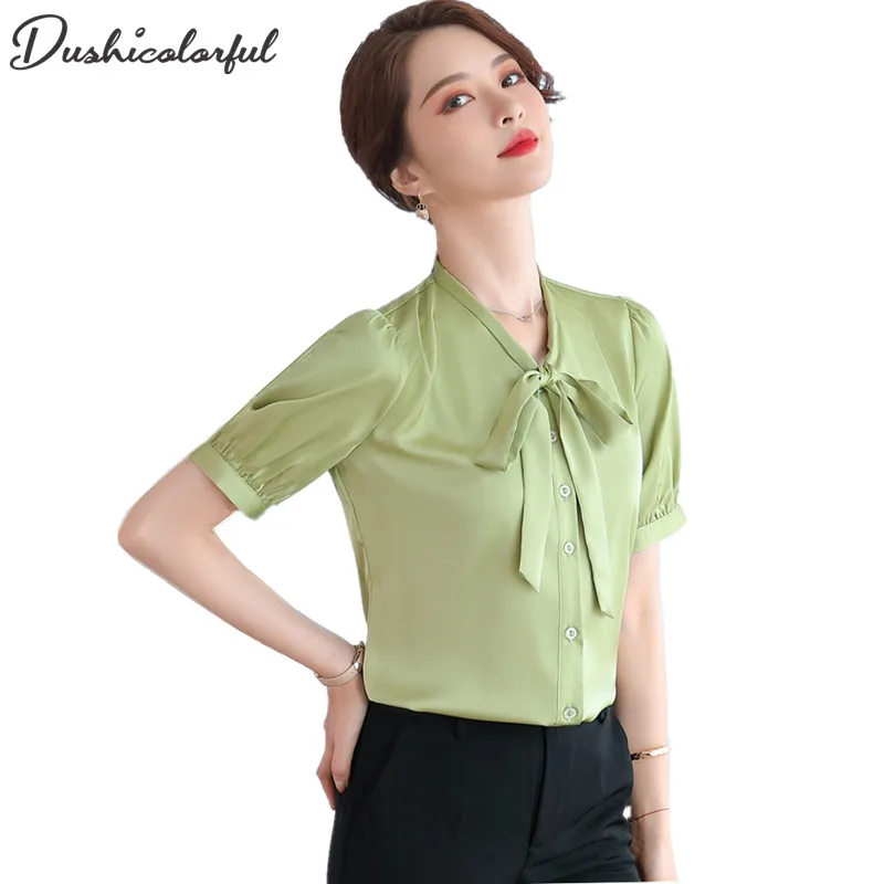 

Summer Chiffon Blouse New Women Tops Short Sleeve Bow Tie Work Wear Shirts Elegant Lady Casual Blouses women's blusas Plus size