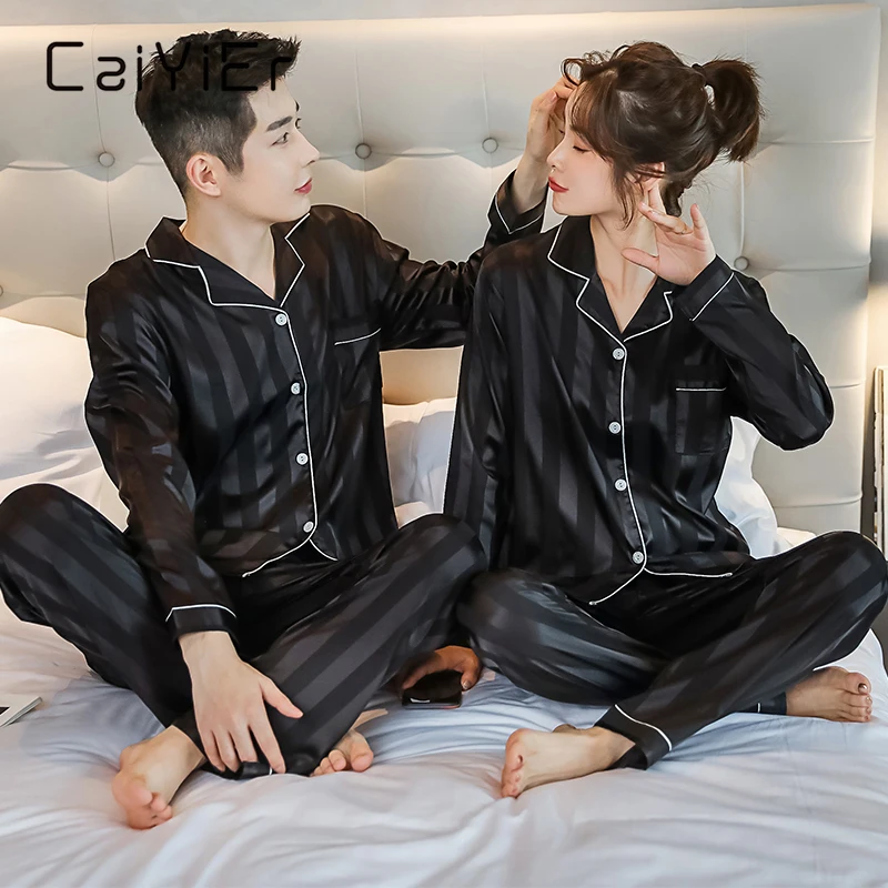 CAIYIER Couples Pajamas Set Women Men Silk Satin Sleepwear Long Sleeve + Pants Nightwear Casual Winter Stripe pyjama Loungewear