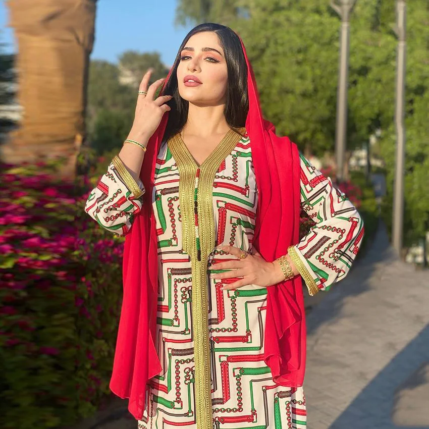 Muslim Eid Mubarak Islamic Fashion Chain Print Abaya Dress for Women Dubai Turkey Party Maxi Embroidery Dresses Indian Kaftan