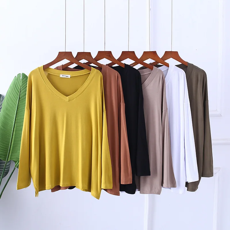 

Spring / Summer 2020 New Large Women's Fashion Wear Loose Long Sleeve Women's Solid Color T-Shirt V-Neck Base Shirt Women's Top