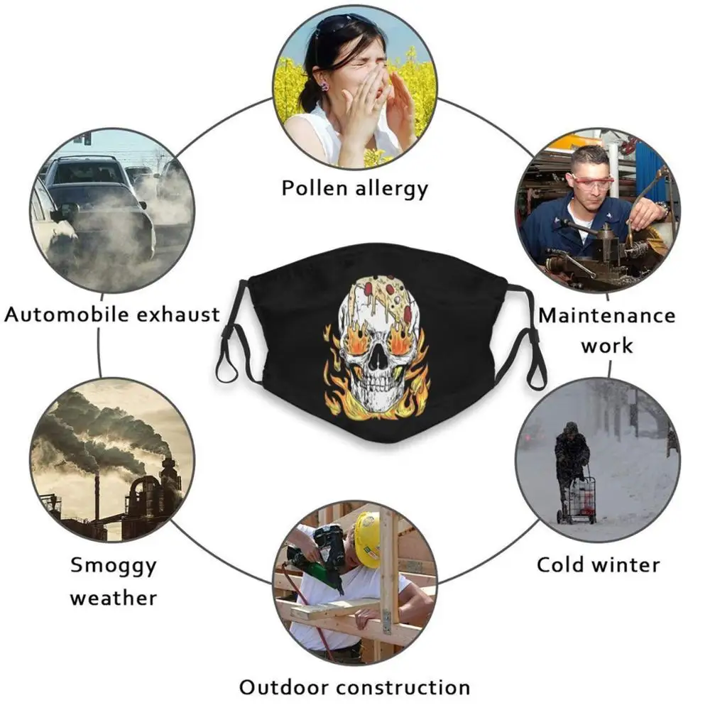 

T - Shirt Design Cool Skull Fire & Pizza Design Anti Dust Filter Washable Face Mask Kids Design Skull Cool Skull Fire Pizza