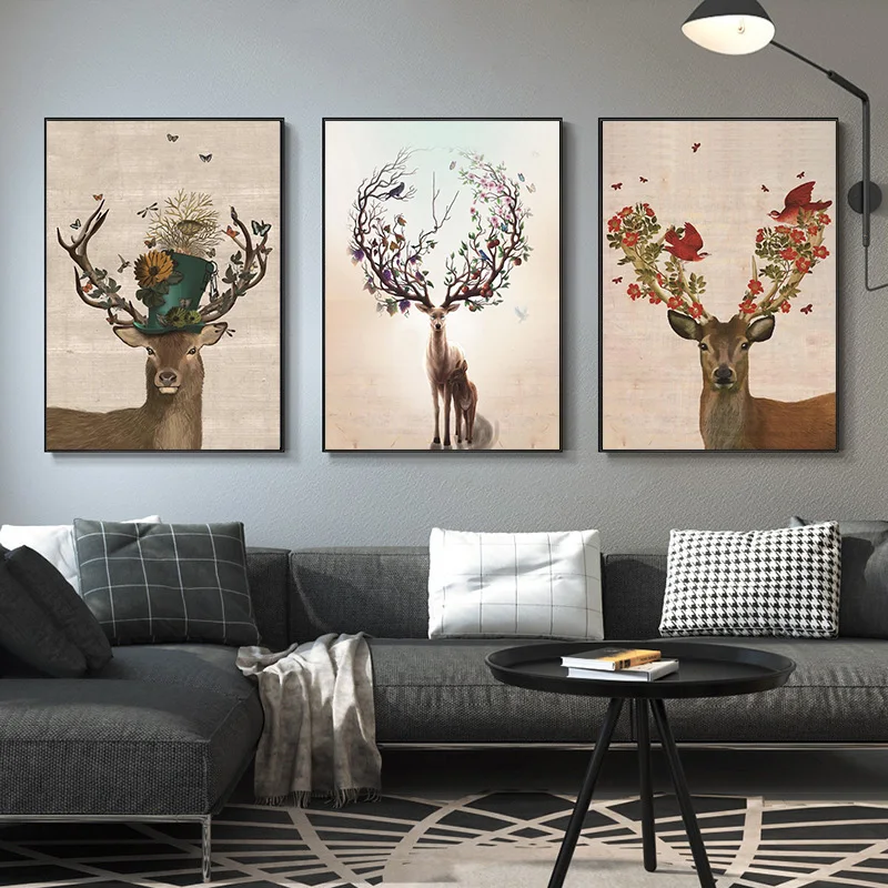 

Nordic Poster Animal Portrait Cuadros Deer With Tree Antlers Birds Flowers Fruits Canvas Wall Decorative Paintings Room Decor