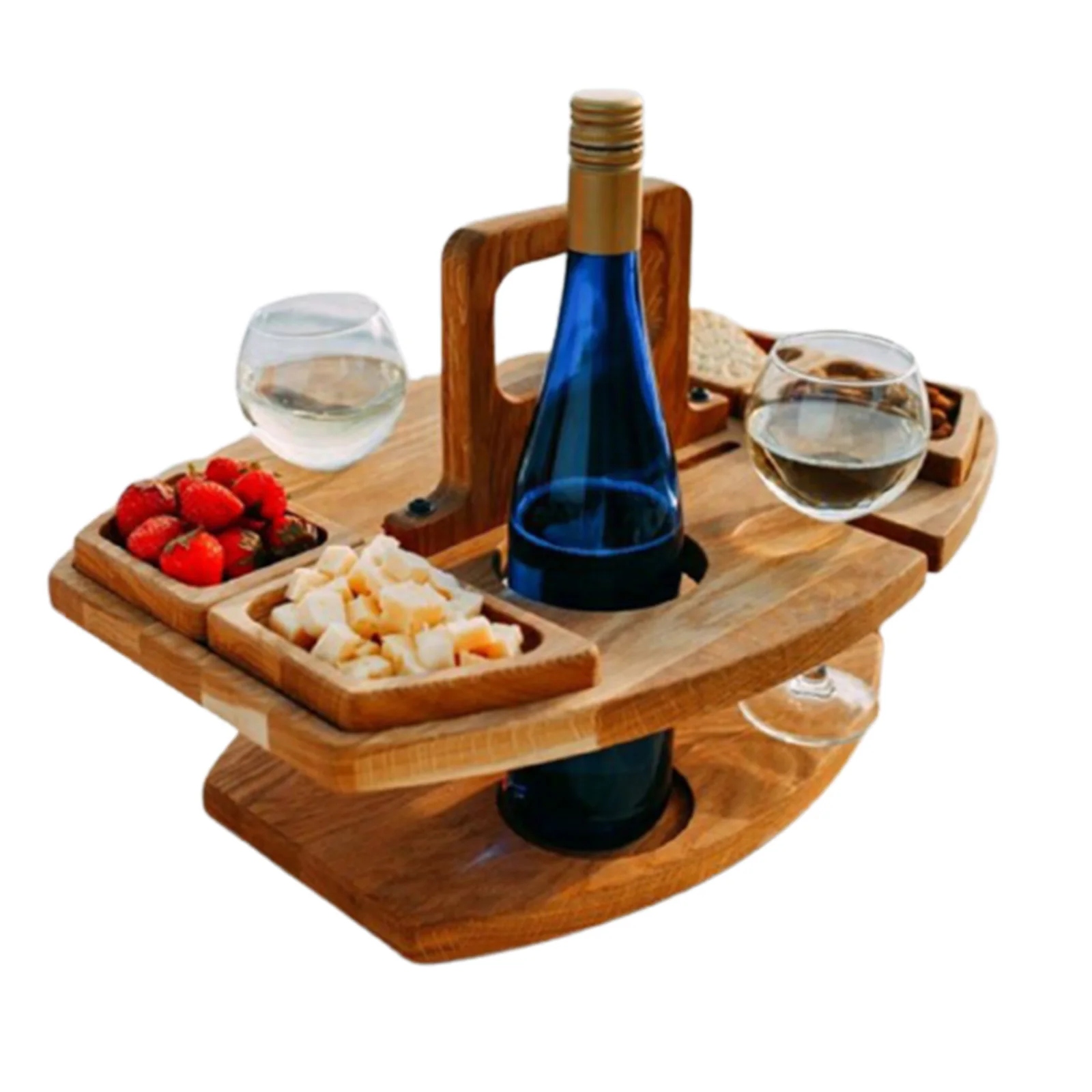 

Hot Detachable Wine Picnic Table Portable Mini Serving Platter with 4 Food Cell Wooden Wine & Goblet Holder for Travel Beach