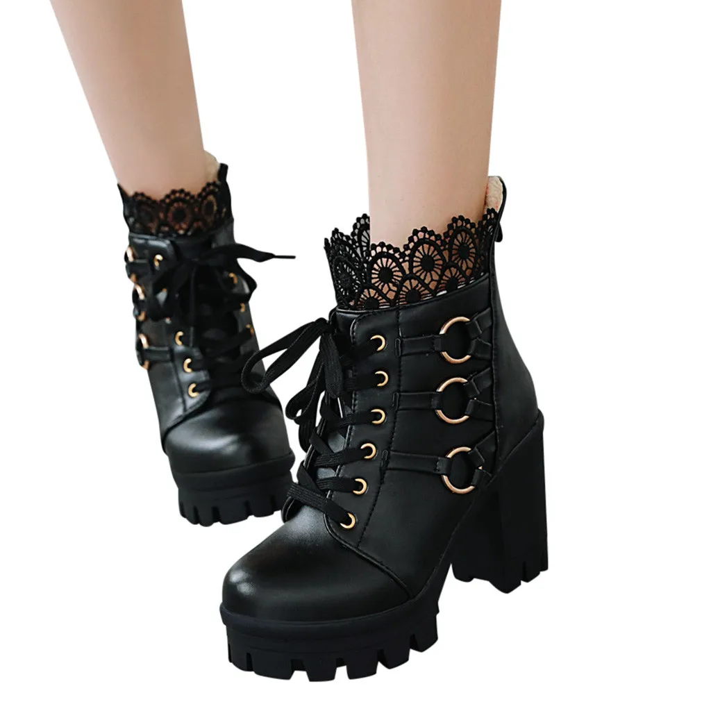 Fashion Winter Lace Pure Color High-Heeled Women Ankle Boots Party Shoes women Platform Keep Warm genuine leather Snow boots | Обувь