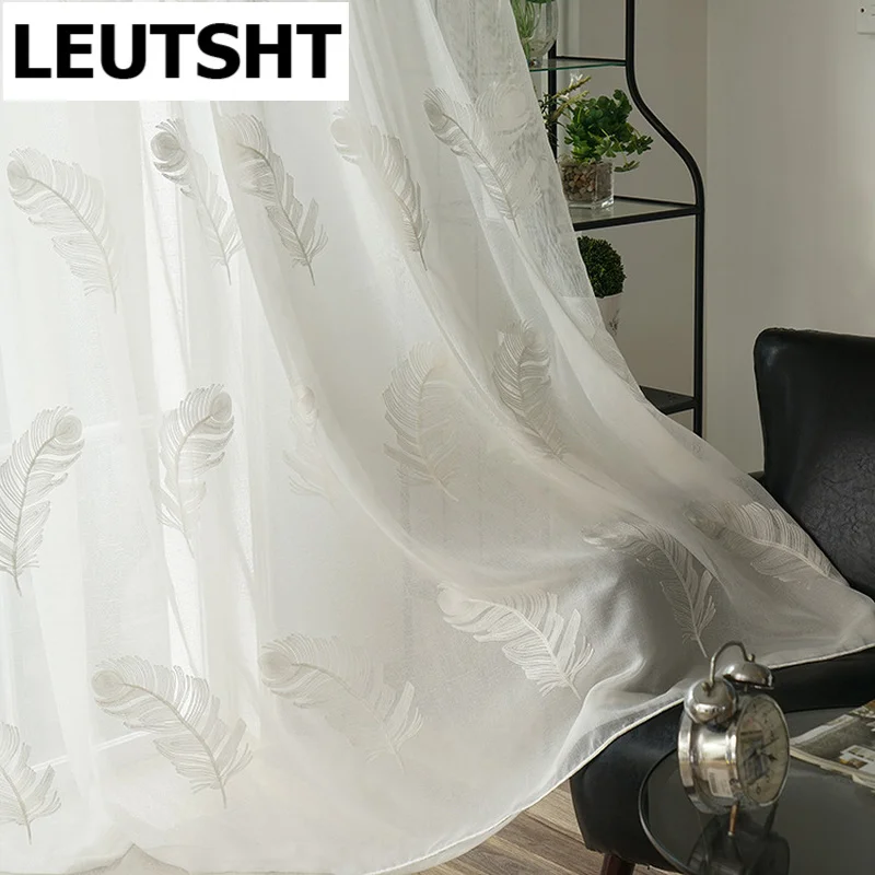 

2023 New Embroidered Curtains for Living Room Bedroom White Tulle Morden Feather Gauze Sheers Window Decoration
