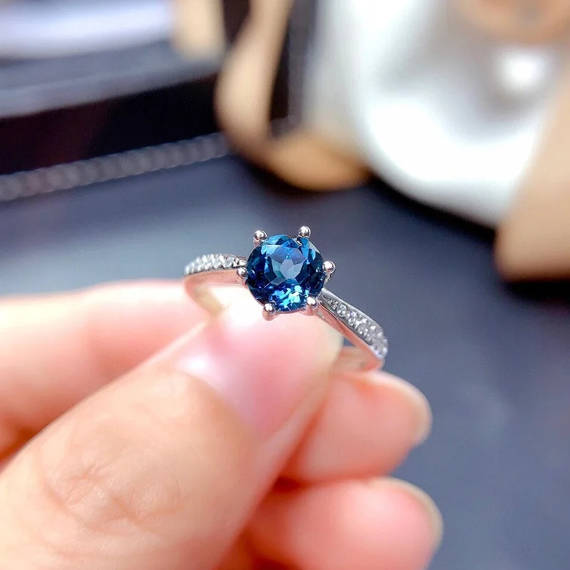 

6MM Natural Topaz Rings 925 silver Fine Jewelry for Women Engagement Anniversary Gift London Blue Gemstones Classic Style